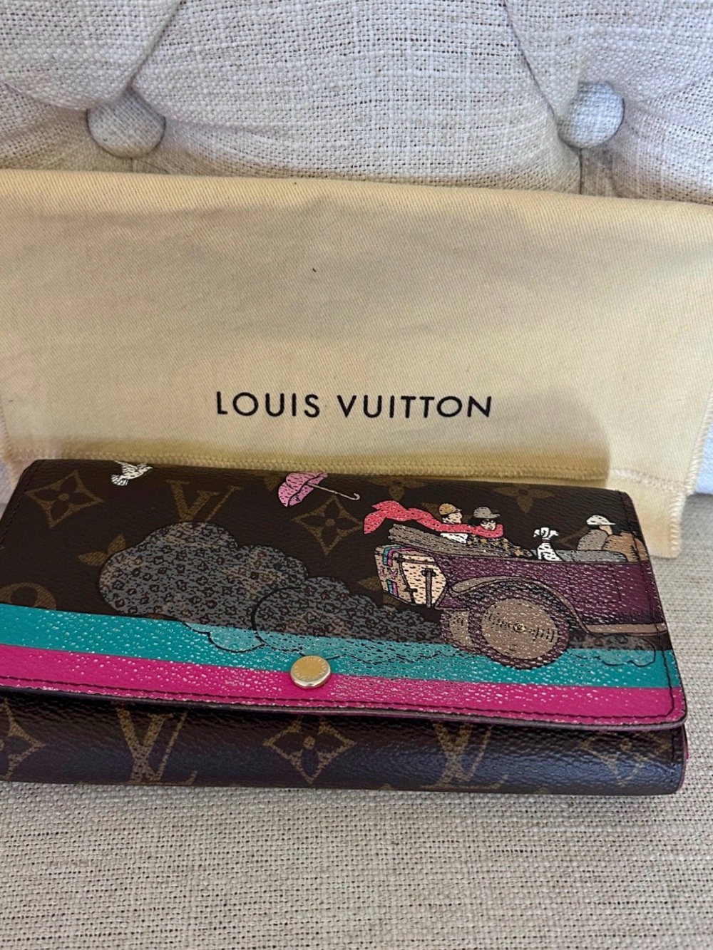 Louis Vuitton Brown Monogram Wallet with Pink & Teal Stripes